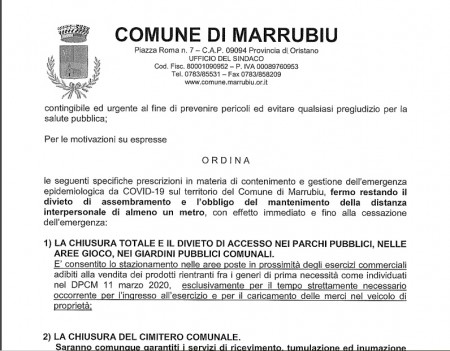 Comune di Marrubiu nuova ordinanza sindacale - provvedimenti contingibili ed urgenti