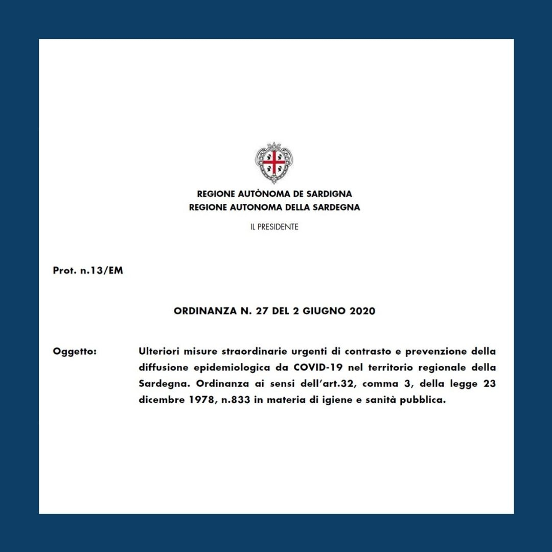 Regione Sardegna Ordinanza n.27 del 02.06.2020 come arrivare in Sardegna